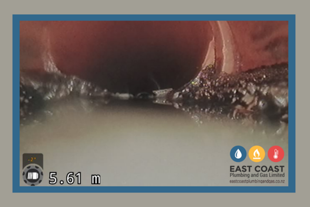 Using a drain camera can quickly identify problems hidden in drains - like the lip in this pipework that’s become a gathering point for waste and is leading to partial blockage and smells.